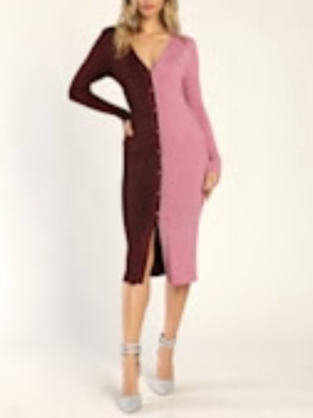 Lulus Two Tone Burgundy & Pink Color Block Sweater Dress